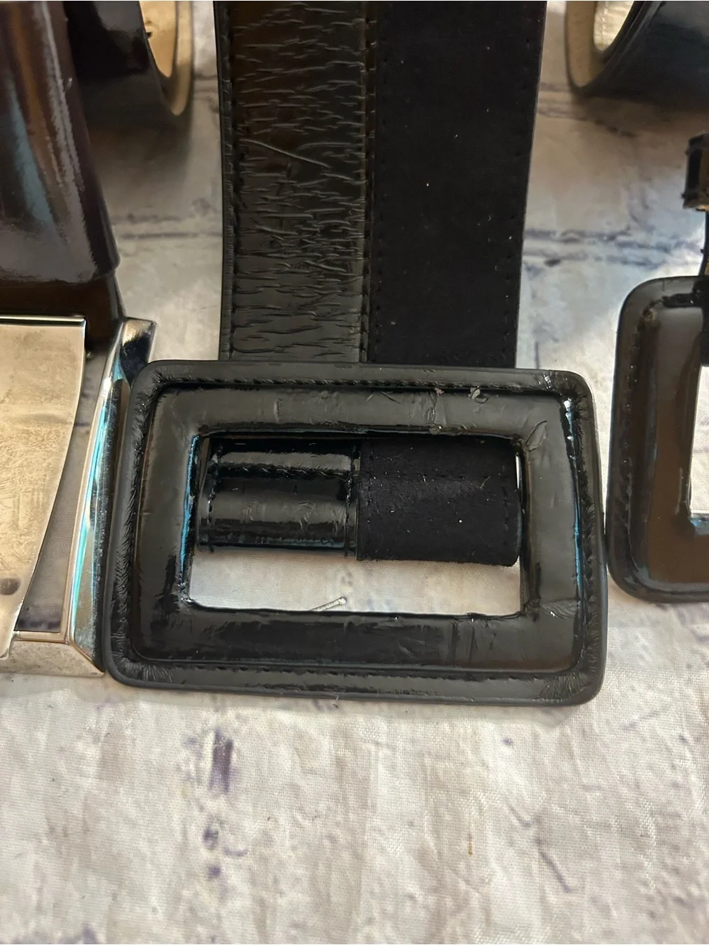 LAKE SHORE DRIVE WIDE BLACK PATENT LEATHER & (2)  PATENT BLACK & BROWN BELTS